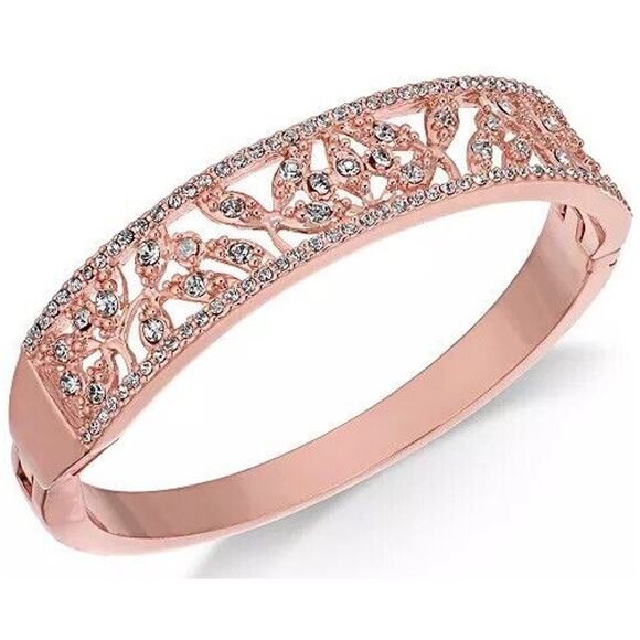 Rose Gold Tone Floral Crystal Bangle Bracelet Stunning Style Chic Fashion Shiny - Picture 1 of 4